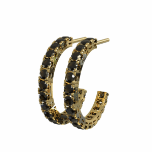 Orecchini a cerchio aperto Quadro in Oro Giallo 18 kt con Diamanti neri, 2.00 cm
