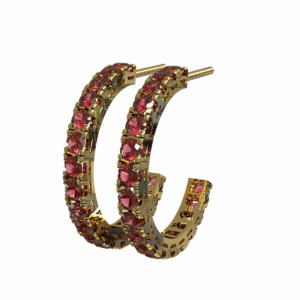 Orecchini a cerchio aperto Quadro in Oro Giallo 18 kt con Rubini, 2.00 cm