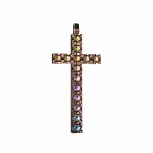 Ciondolo Croce tennis Diamantato in Oro Rosa 18 kt con Rainbow