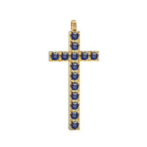 Ciondolo Croce tennis Diamantato in Oro Giallo 18 kt con Zaffiri